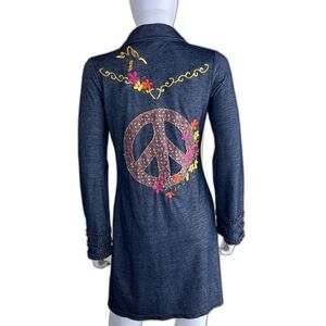 Uncle Frank Womens Size S Floral Embroidered Peace Jersey Denim Shirt Dress Boho